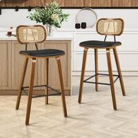 ALFORDSON 2x Bar Stools Kitchen Vintage Leather Seat Rattan Chair Wooden Black