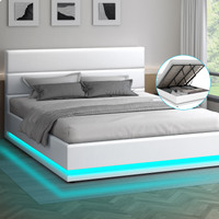 ALFORDSON Bed Frame King Size Platform RGB LED Gas Lift Base Storage White