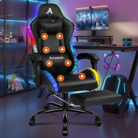 ALFORDSON Gaming Chair Office Massage 12 RGB LED Computer Seat PU Leather Black