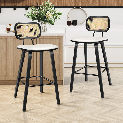 ALFORDSON 2x Bar Stools Kitchen Vintage Leather Seat Rattan Chair Black White