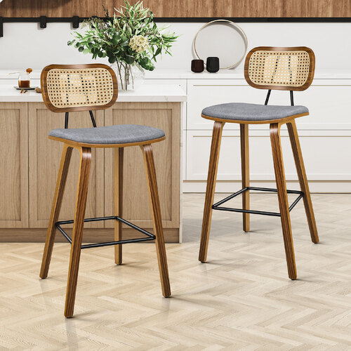 ALFORDSON 2x Bar Stools Kitchen Vintage Fabric Seat Rattan Chair Wooden Grey