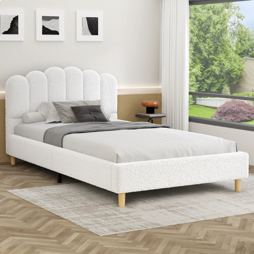 ALFORDSON Bed Frame Single Size Upholstered Platform Base White Boucle TANIA