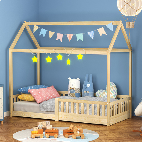 ALFORDSON Kids Bed Frame Wooden Timber Single House Frame Platform Base with Security Rail Oak