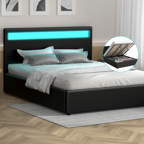 ALFORDSON Bed Frame King Size RGB LED Gas Lift Base Platform Storage Black