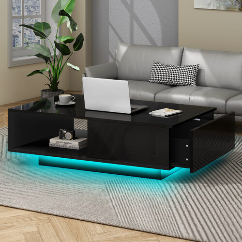 ALFORDSON Coffee Table LED Light High Gloss Drawer Black