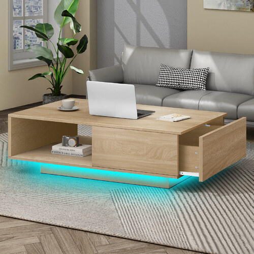 ALFORDSON Coffee Table LED Light Storage Drawer Shelf Oak