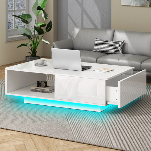 ALFORDSON Coffee Table LED RGB Light High Gloss Storage Drawer Shelf Whtie