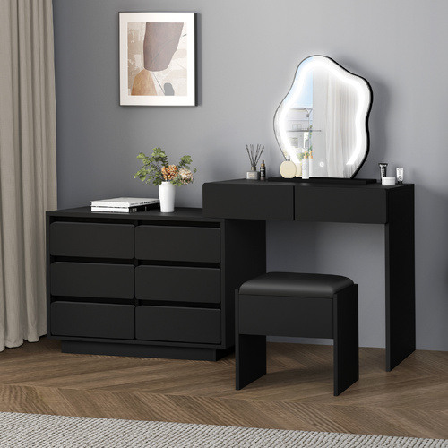 ALFORDSON Dressing Table Stool Set Makeup Mirror Desk LED 8 Drawers Black