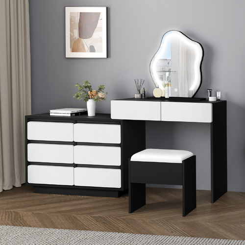 ALFORDSON Dressing Table Stool Set Makeup Mirror Desk LED 8 Drawers Black White