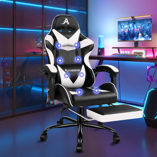 ALFORDSON Gaming Chair Office Massage Computer Racing Seat PU Leather White