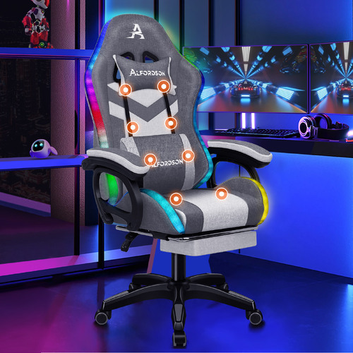 ALFORDSON LED Gaming Office Chair with 8-Point Massage Fabric Grey