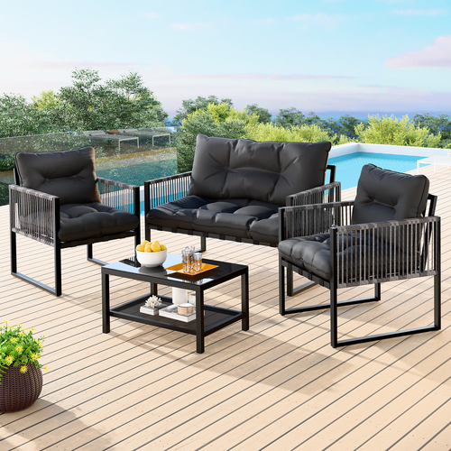 ALFORDSON 4PCS Outdoor Furniture Lounge Sofa Set Wicker Furniture Table and Chairs Garden Black Grey