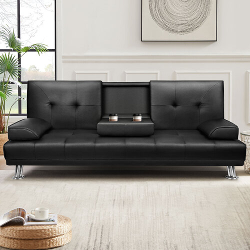 ALFORDSON Sofa Bed Lounge 3 Seater Futon Couch Cup Holder Leather Black