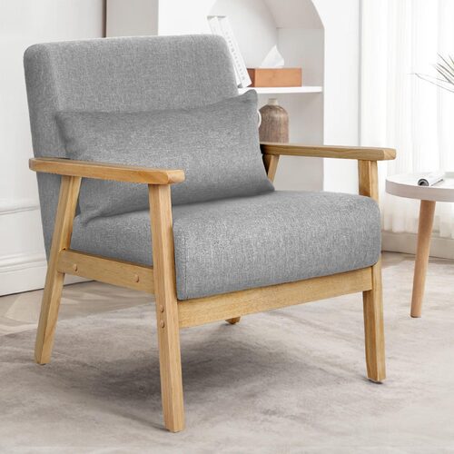 ALFORDSON Wooden Armchair Lounge Accent Chair Fabric Light Grey